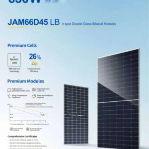 پنل خورشیدی 630 وات مونو کریستال بایفشیال برند JA SOLAR با تکنولوژی N-TYPE
