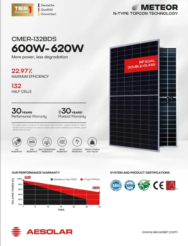 پنل خورشیدی 620 وات مونو کریستال بایفشیال برند AE SOLAR سری METEOR